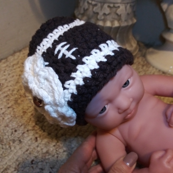 Baby Girl Hand Crocheted Football Themed Beanie - Picture 2 of 8